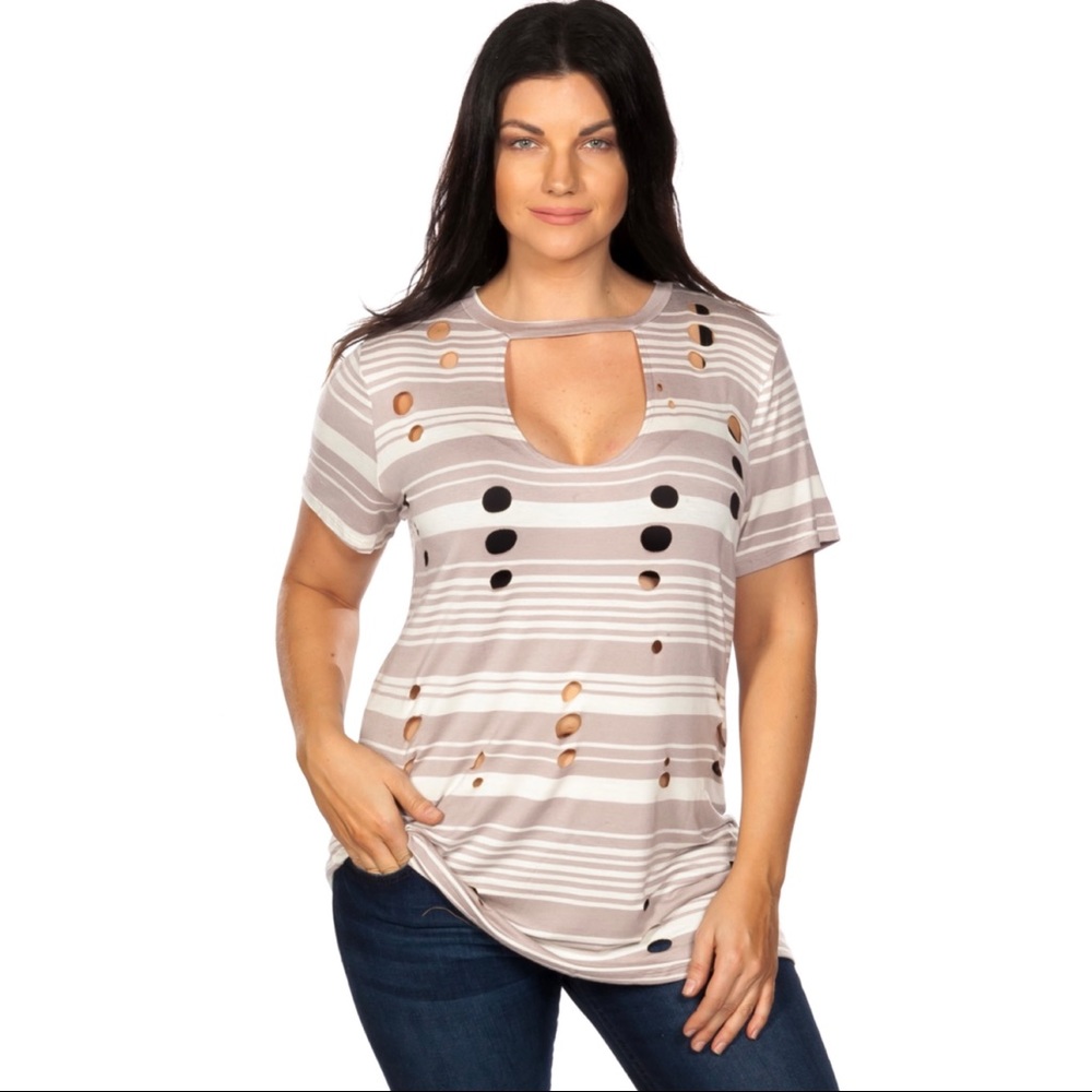 Love J Khaki Striped Distressed Cut Out Tee